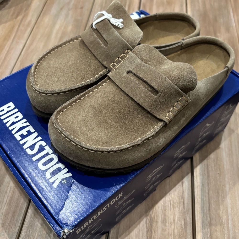 Birkenstock Boston Taupe Suede Wrapped Naples, EU 37 Narrow, Brand New With Box